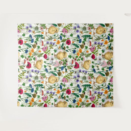 Kippen en wilde bloemen op wit wandkleed (Voorkant (horizontaal))