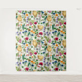 Kippen en wilde bloemen op wit wandkleed (Voorkant)