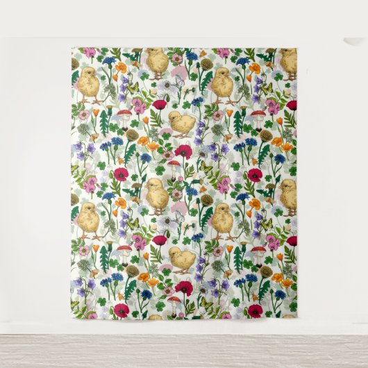 Kippen en wilde bloemen op wit wandkleed (Voorkant)