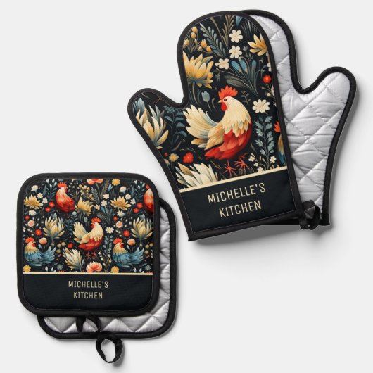 Kippen Haan Land Boerderij Naam Ovenwant & Pannenlap Set (Voorkant / Achterkant)