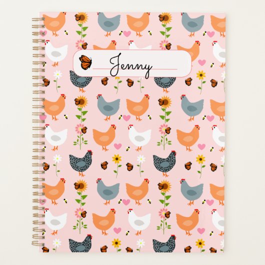 Kippen in de bloemen Roze, speciaal gepersonalisee Planner (Voorkant)