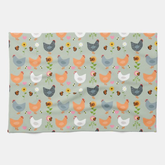 Kippen in de Flowers Kitchen Towel Theedoek (Horizontaal)
