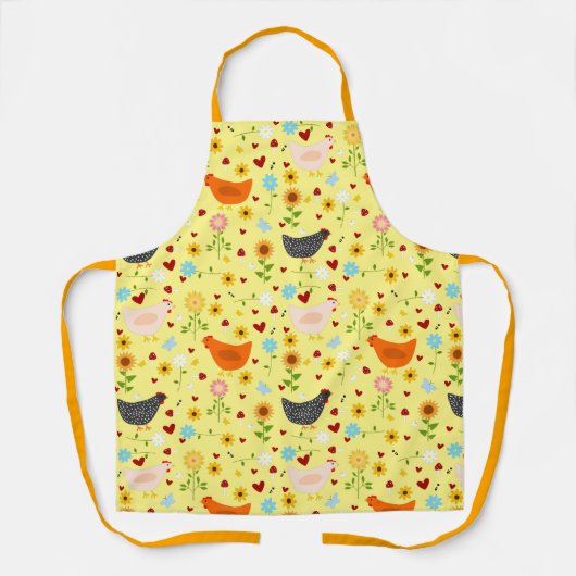 Kippen in de tuin, met bloemen, en bugs schort (Voorkant)
