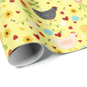 Kippen in de tuin met bloemen en buien cadeaupapier (Rol Hoek)