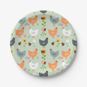 Kippen in de tuin met bloemen, groen papieren bordje