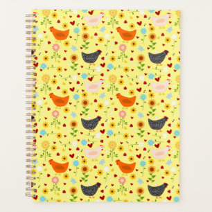 Kippen in de tuin met bloemen planner
