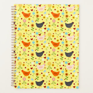 Kippen in de tuin met bloemen planner