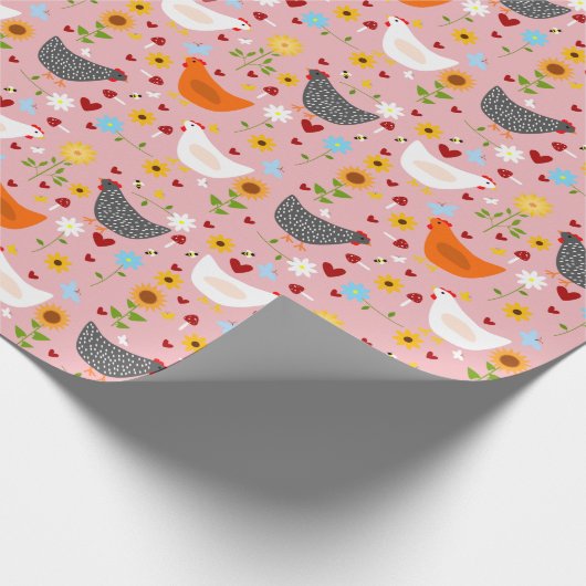Kippen in de Vloertuinroze Cadeaupapier (Hoek)