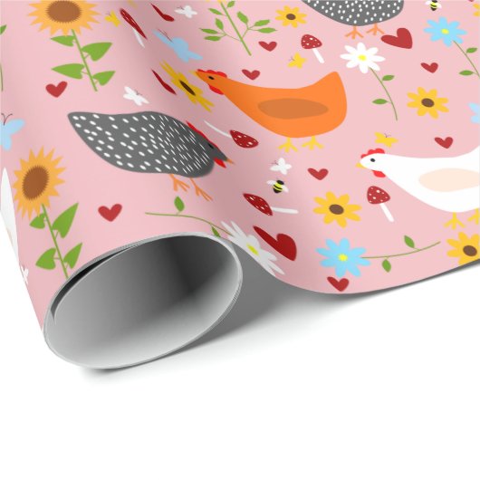 Kippen in de Vloertuinroze Cadeaupapier (Rol Hoek)