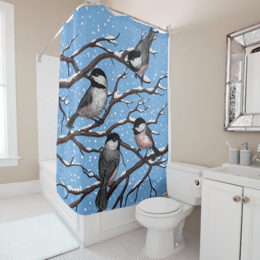 Kippen in de winter douchegordijn (In situ)