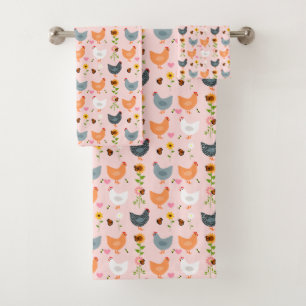 Kippen in Flowers Pink Bath Towel Set Bad Handdoek
