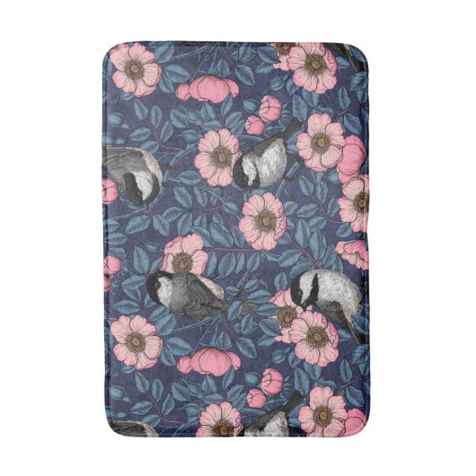 Kippen in het wild roos in roze en blauw badmat (Voorkant Verticaal)