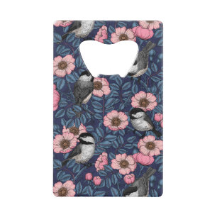 Kippen in het wild roos in roze en blauw creditkaart flessenopener