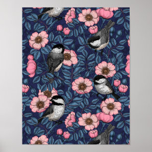 Kippen in het wild roos in roze en blauw poster