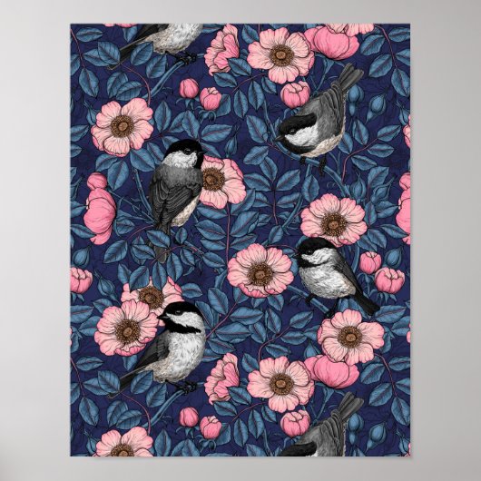 Kippen in het wild roos in roze en blauw poster (Voorkant)