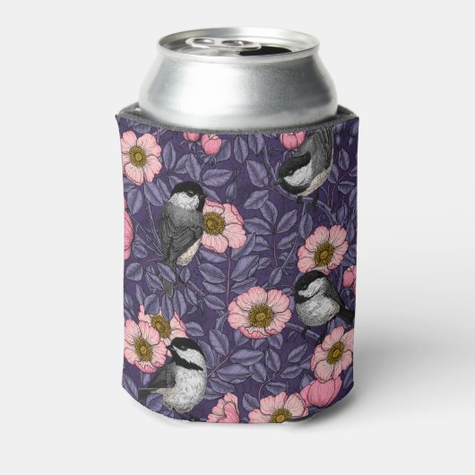 Kippen in het wild roos in roze en violet blikjeskoeler (Blikje Achterkant)