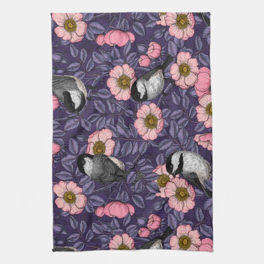 Kippen in het wild roos in roze en violet theedoek (Verticaal)