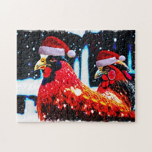 Kippen in Santa Hats Winter Art Puzzel (Horizontaal)