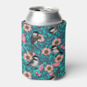 Kippen in vrij roos, roze en blauw blikjeskoeler (Blikje Voorkant)