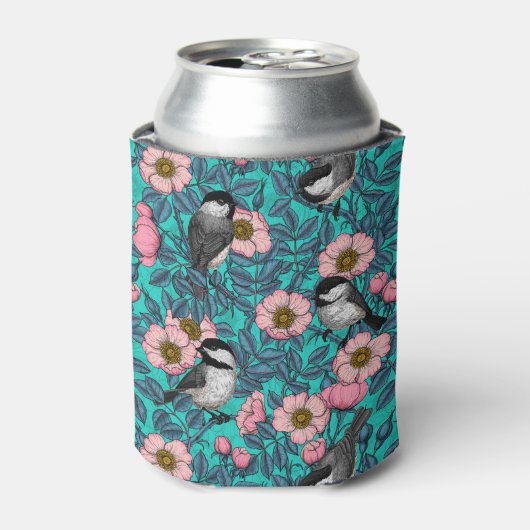 Kippen in vrij roos, roze en blauw blikjeskoeler (Blikje Voorkant)