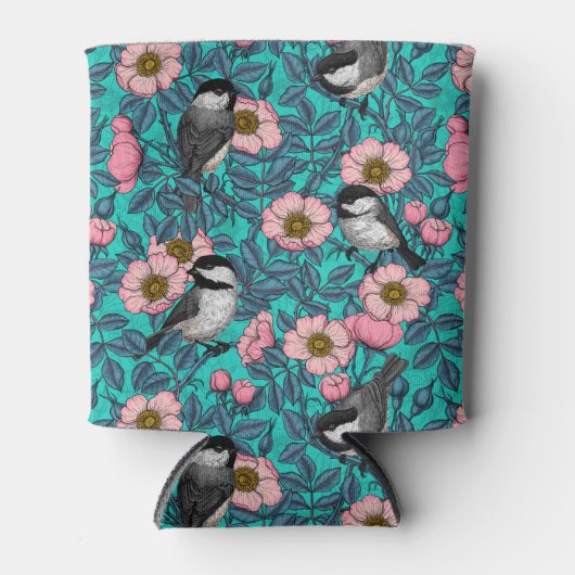 Kippen in vrij roos, roze en blauw blikjeskoeler (Voorkant)