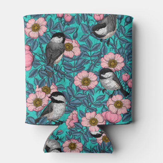 Kippen in vrij roos, roze en blauw blikjeskoeler (Achterkant)