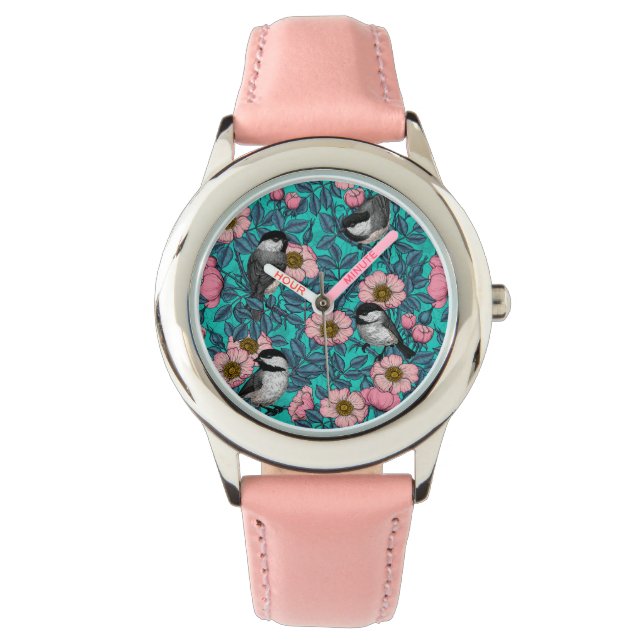 Kippen in vrij roos, roze en blauw horloge (Voorkant)