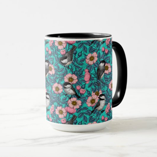 Kippen in vrij roos, roze en blauw mok (Voorkant rechts)