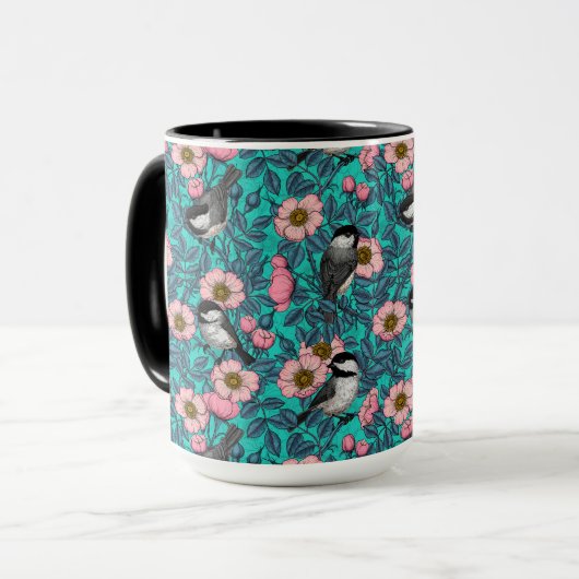 Kippen in vrij roos, roze en blauw mok (Voorkant links)