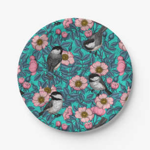 Kippen in vrij roos, roze en blauw papieren bordje