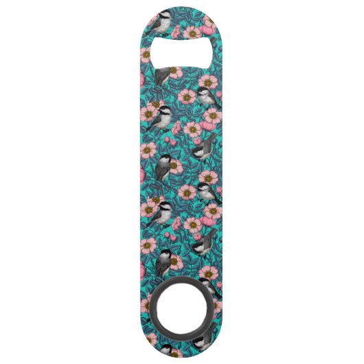 Kippen in vrij roos, roze en blauw speed flessenopener (Achterkant)