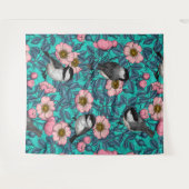 Kippen in vrij roos, roze en blauw wandkleed (Voorkant (horizontaal))