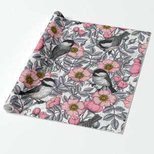 Kippen in vrij roos, roze en grijs cadeaupapier