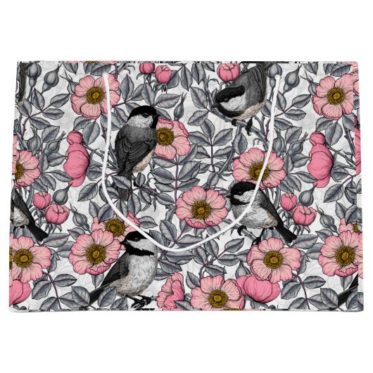 Kippen in vrij roos, roze en grijs groot cadeauzakje (Voorkant)