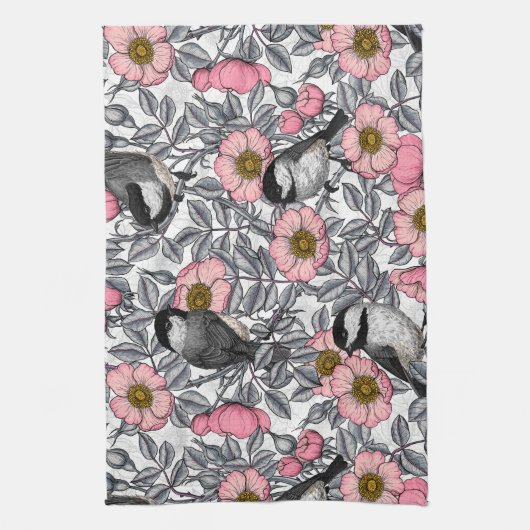 Kippen in vrij roos, roze en grijs theedoek (Verticaal)