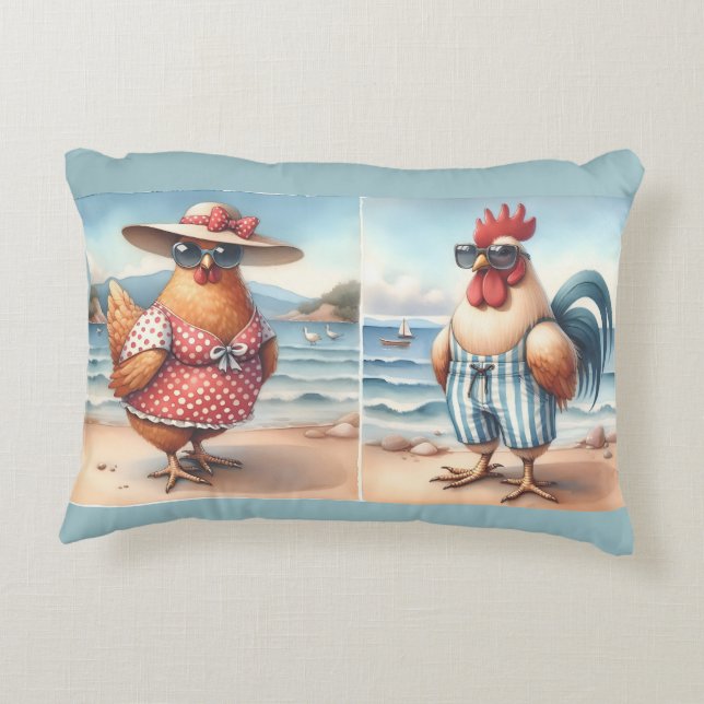 Kippen in zwemkleding aan de kust accent kussen (Achterkant)