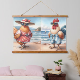 Kippen in zwemkleding aan de kust hangend wandkleed
