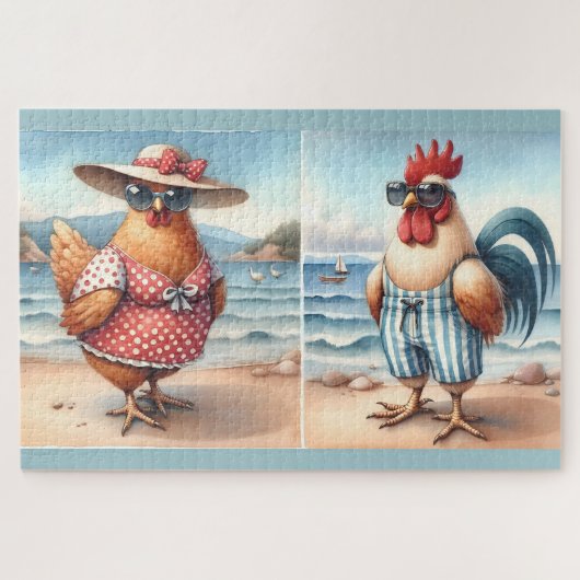 Kippen in zwemkleding aan de kust legpuzzel (Horizontaal)