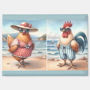 Kippen in zwemkleding aan de kust magneet