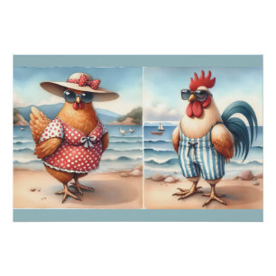 Kippen in zwemkleding aan de kust perfect poster