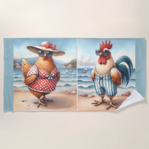 Kippen in zwemkleding aan de kust strandlaken