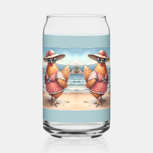 Kippen in zwemkleding aan zee blikvorm glas (Rechts)