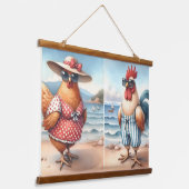 Kippen in zwemkleding aan zee hangend wandkleed (Gebogen)