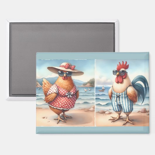 Kippen in zwemkleding aan zee magneet (Voorkant / Achterkant)