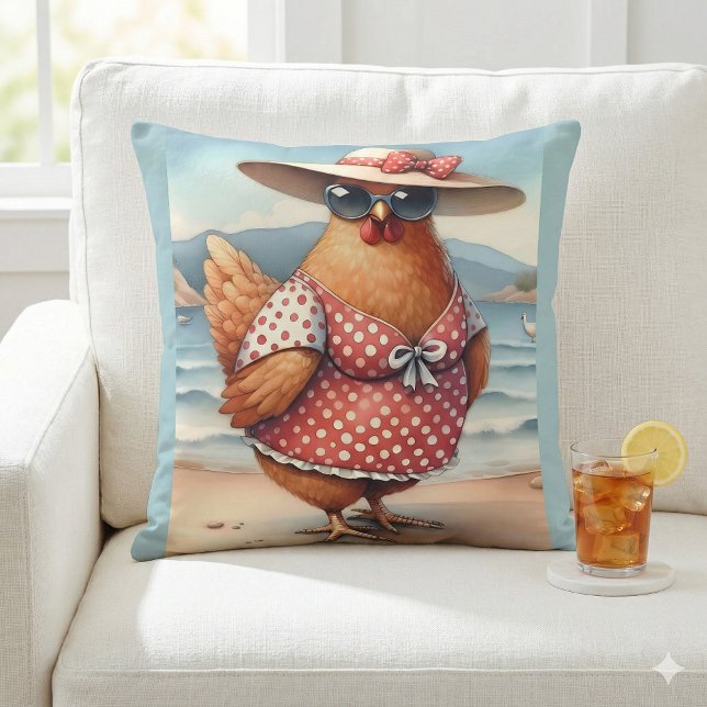 Kippen in zwempakken aan zee kussen (Chickens in Swimsuits at the Seaside Throw Pillow Mockup A)