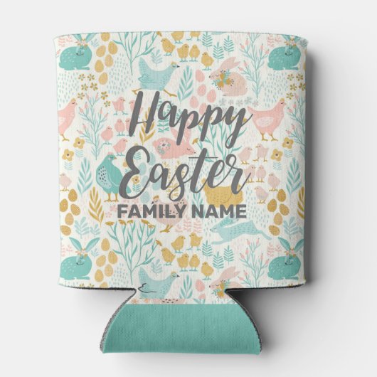 Kippen konijntjes en bloemen Gelukkig Pasen patroo Blikjeskoeler (Achterkant)