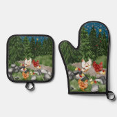 Kippen, kuikens en sneeuwvlokken blauw ovenwant & pannenlap set (Voorkant)