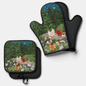 Kippen, kuikens en sneeuwvlokken blauw ovenwant & pannenlap set (Voorkant / Achterkant)