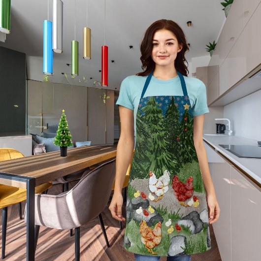 Kippen, kuikens en sneeuwvlokken blauw schort