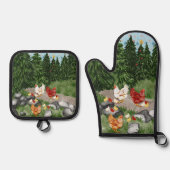 Kippen, kuikens en sneeuwvlokken lichtblauw ovenwant & pannenlap set (Voorkant)